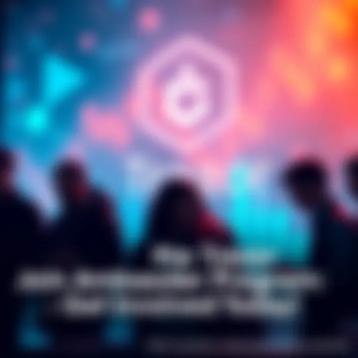 A graphic showing the Trezor logo with text about joining the Ambassador Program. People are collaborating and sharing feedback while using technology devices.