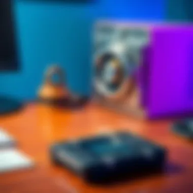 Trezor hardware wallet placed on a wooden desk with a locked digital safe in the background