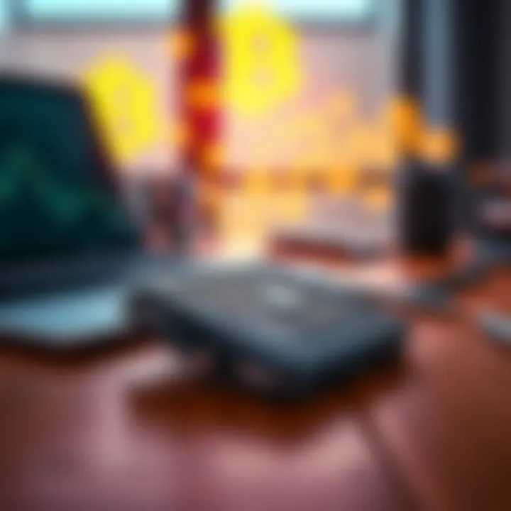 A Trezor hardware wallet resting on a wooden desk with a laptop and cryptocurrency symbols in the background