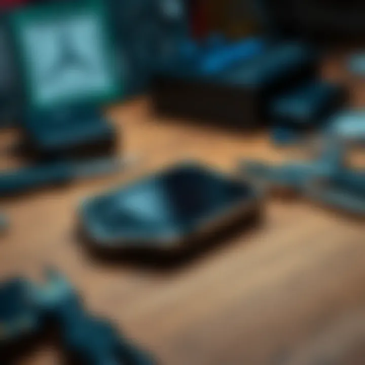 A Trezor One wallet with a black screen resting on a wooden table, surrounded by tools for repair.