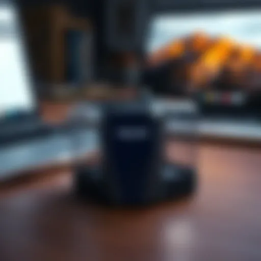 A Trezor Safe 3 device displayed with clear visibility, showing its sleek design and features, placed on a wooden desk with a laptop in the background.