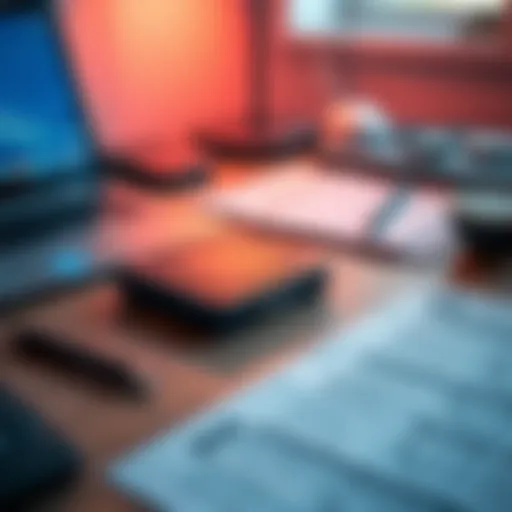 A Trezor Safe 3 hardware wallet displayed on a wooden desk with some banking documents and a laptop in the background.