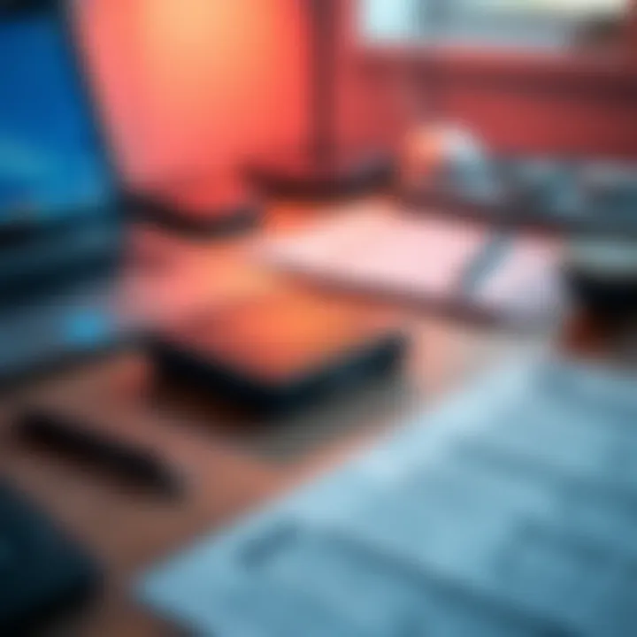 A Trezor Safe 3 hardware wallet displayed on a wooden desk with some banking documents and a laptop in the background.
