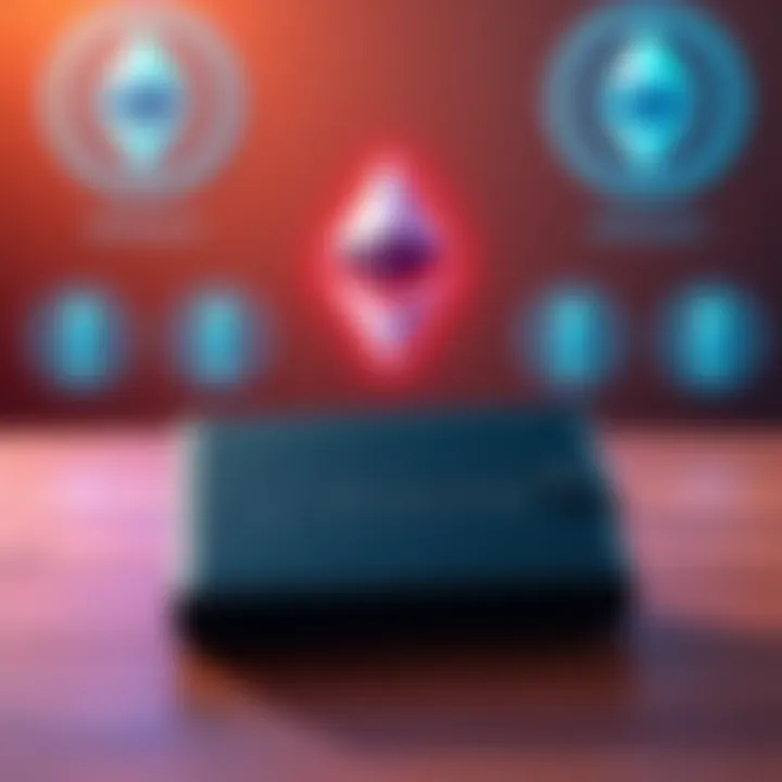 A Trezor Safe 3 wallet placed on a wooden table with Ethereum logos in the background