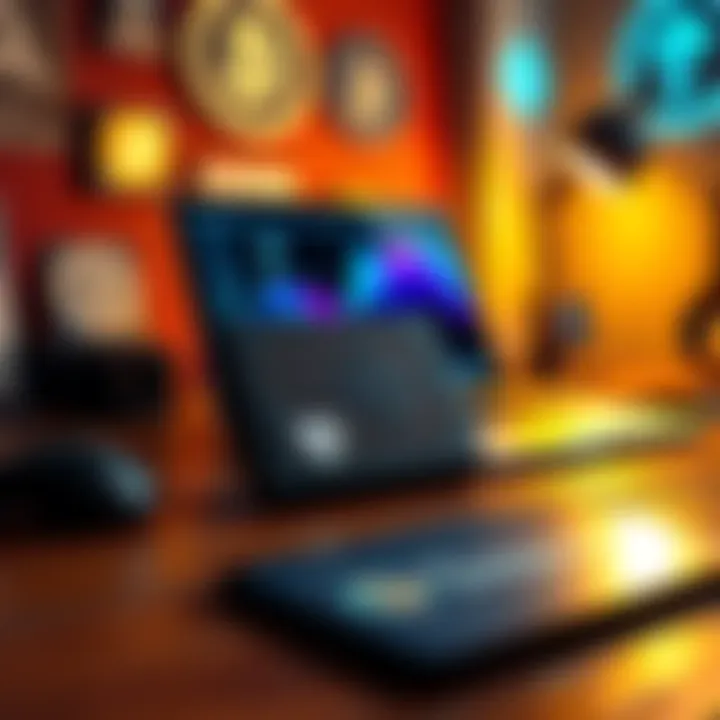 A Trezor Safe 7 hardware wallet sitting on a wooden desk with a laptop and cryptocurrency logos in the background