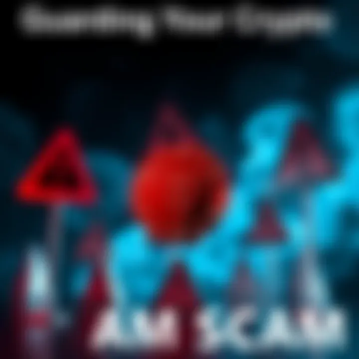 A digital representation of a Trezor wallet surrounded by warning signs, symbolizing the urgency to protect cryptocurrency assets from scams.