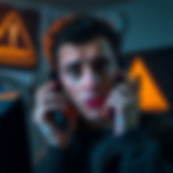 A person looking worried while receiving a phone call about cryptocurrency, with a warning symbol in the background