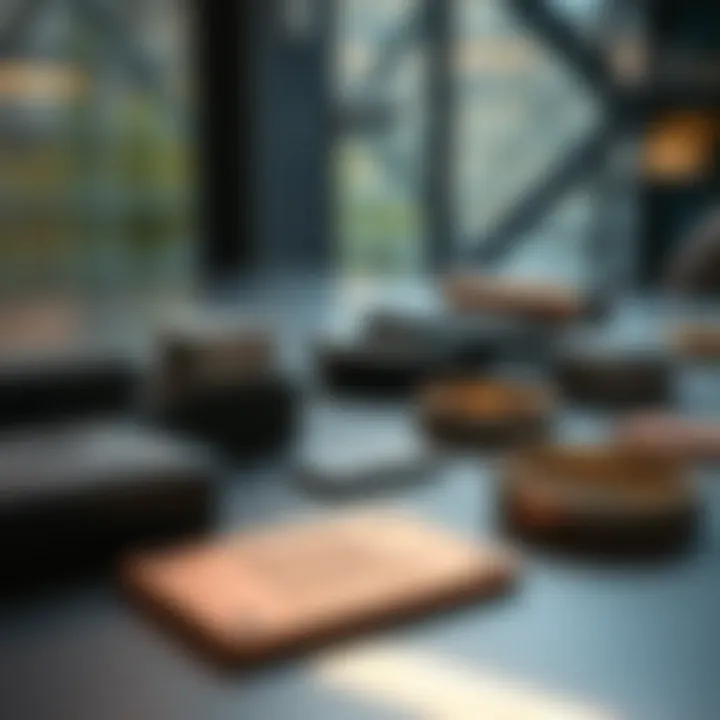 A display of various seed phrase storage options including engraved metal plates, encrypted drives, and NFC rings on a table