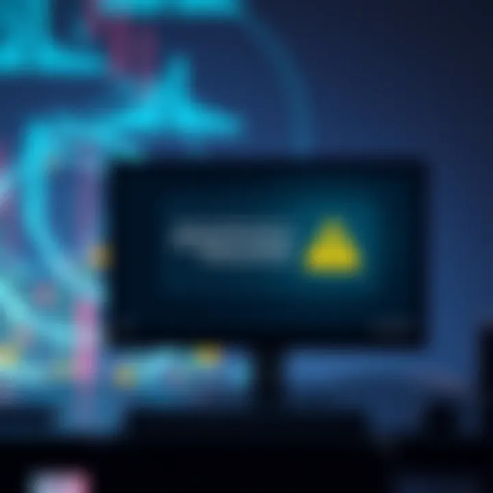 A computer screen showing a Trezor Suite banner alert about phishing attempts, with a recovery seed icon and a warning symbol.