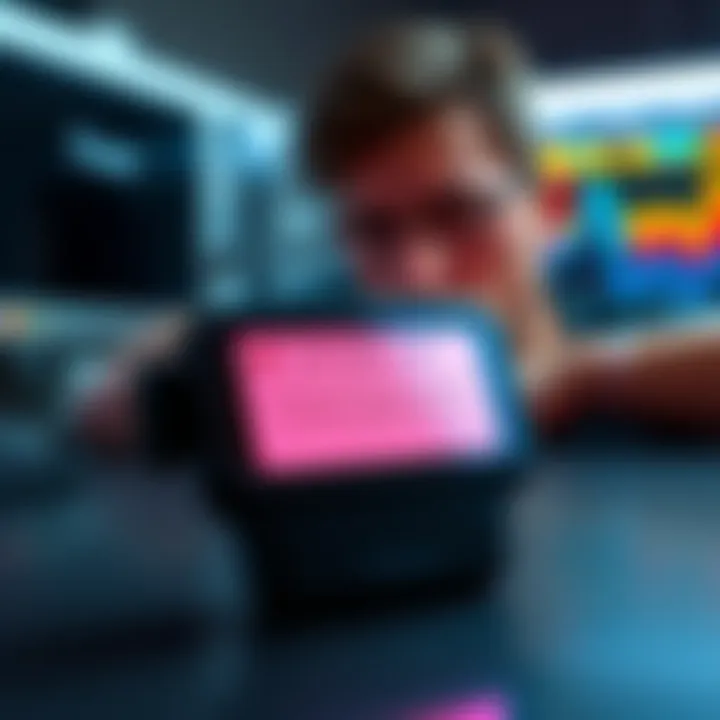 A Trezor Model T device displaying an error message after a firmware update failure, with a worried user in the background