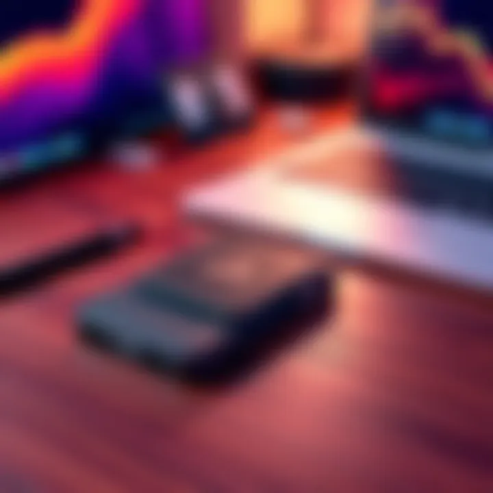A Trezor hardware wallet placed on a wooden desk with a laptop in the background