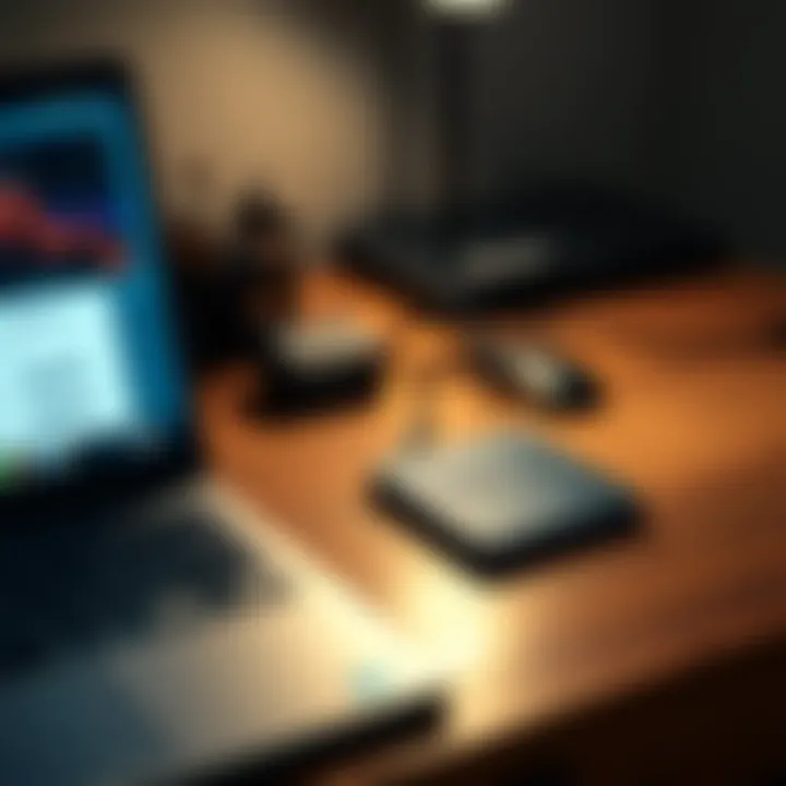 A TREZOR hardware wallet placed on a wooden desk alongside a laptop, illustrating secure cryptocurrency storage.