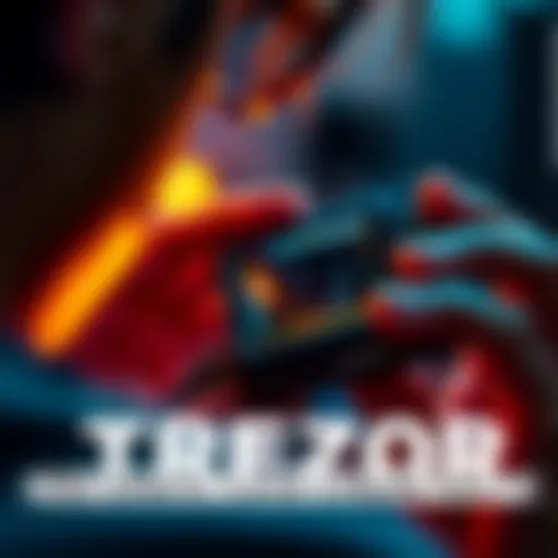 A close-up of a Trezor hardware wallet with a person examining it, showing interest and curiosity