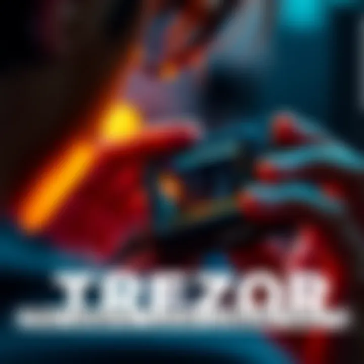 A close-up of a Trezor hardware wallet with a person examining it, showing interest and curiosity