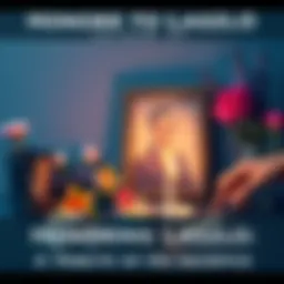 A person lighting a candle in memory of Laszlo, surrounded by flowers and a framed photo.