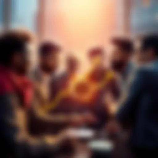 A group of diverse people discussing strategies with a graph showing growth and upward trends, symbolizing the goal of a trillion market cap.