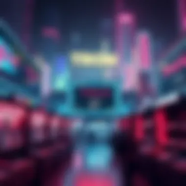 A futuristic cityscape with bright neon lights, featuring a digital scoreboard showing Tron: Ares as the top title on Disney+, surrounded by empty newsstands to suggest a lack of coverage.