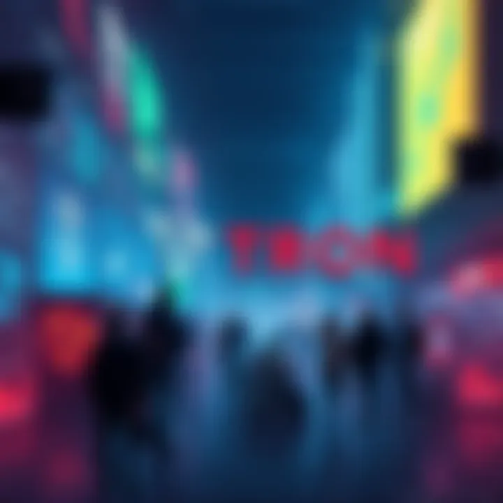 A visual representation of the TRON energy marketplace featuring the TronBid logo, energy trade transactions, and people engaging in buying and selling energy.