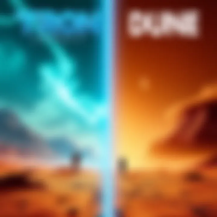 A vibrant scene showcasing the stunning visuals of TRON Legacy alongside the epic scenery of Dune, highlighting the artistic elements of both films.