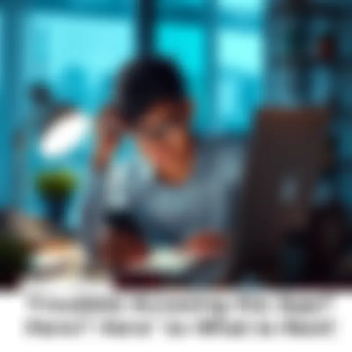 Person troubleshooting app access A person sitting at a desk looking frustrated while using a smartphone and laptop, trying to log into an app