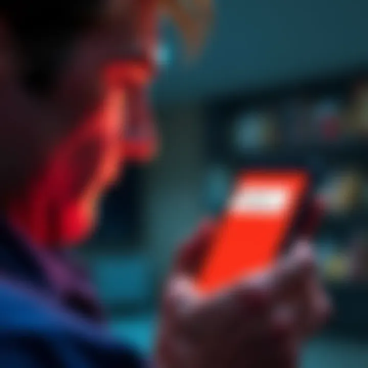 A person looking at a smartphone with an error message about ads not available