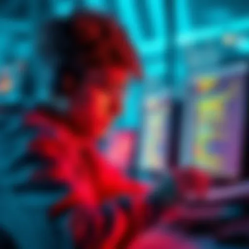 A person looking frustrated at a computer screen with coding errors and documents spread around