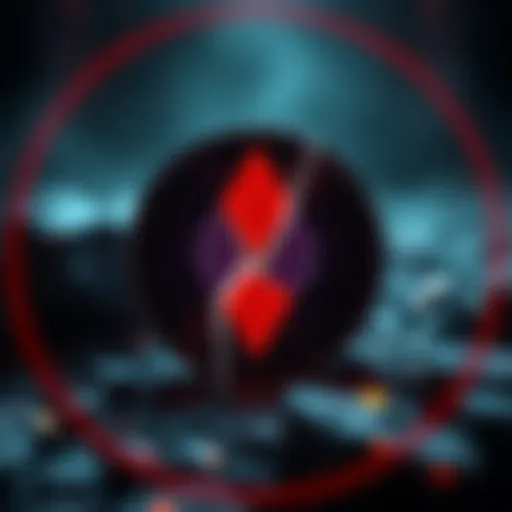 A warning graphic featuring a broken cryptocurrency symbol and a red alert sign, highlighting the Trove scam in the crypto world.