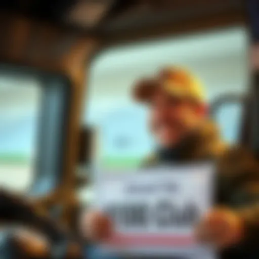 A happy truck driver in a cap smiles while holding a sign that reads 'Joined the $100 Club' at an event.