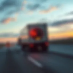 Truck on road with fuel gauge A truck driving on a highway with a low fuel gauge, symbolizing rising fuel costs and supply chain issues.