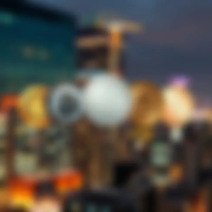 An illustration showing six coins, each labeled with one of the six key characteristics of true money, set against a backdrop of a modern cityscape.