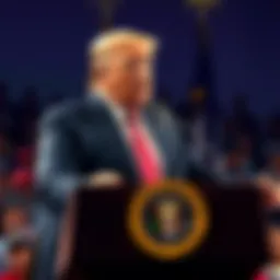 President Trump speaking at a podium, announcing $100 checks for seniors and a $5,000 dividend for citizens, with a crowd in the background.