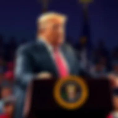 President Trump speaking at a podium, announcing $100 checks for seniors and a $5,000 dividend for citizens, with a crowd in the background.