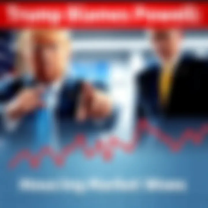 President Trump pointing at a graph showing falling housing market numbers and a concerned expression, with Jerome Powell in the background, looking serious.