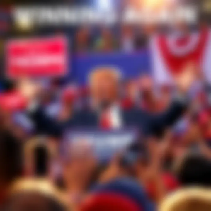 Trump Celebrates Victory Donald Trump smiles while addressing supporters at a rally, surrounded by campaign banners and cheering crowd.