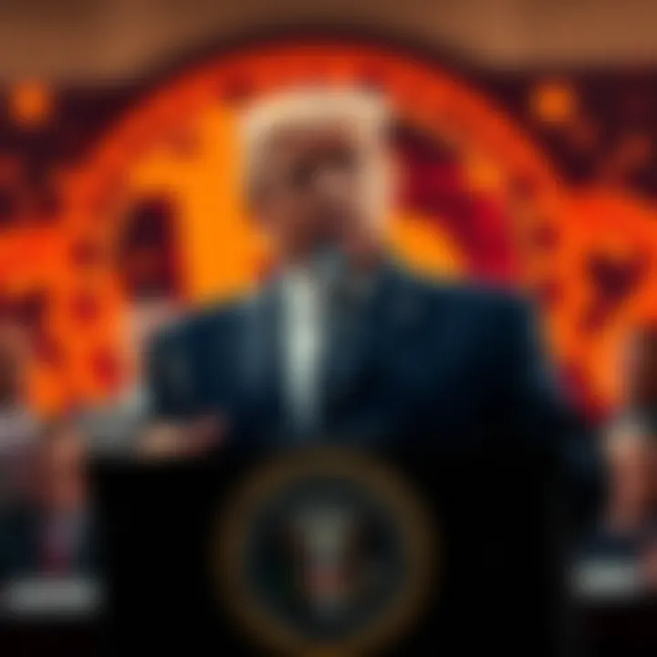 President Trump at a podium urging Congress to pass cryptocurrency legislation, with a graphic of digital currency in the background