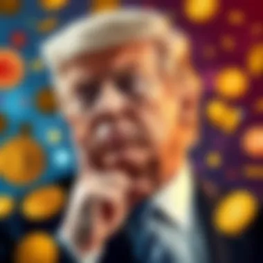 Donald Trump surrounded by cryptocurrency symbols, highlighting his financial success with crypto investments.