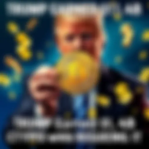 Former President Trump holding a crypto coin with dollar signs around him, symbolizing his profits from cryptocurrency while in office