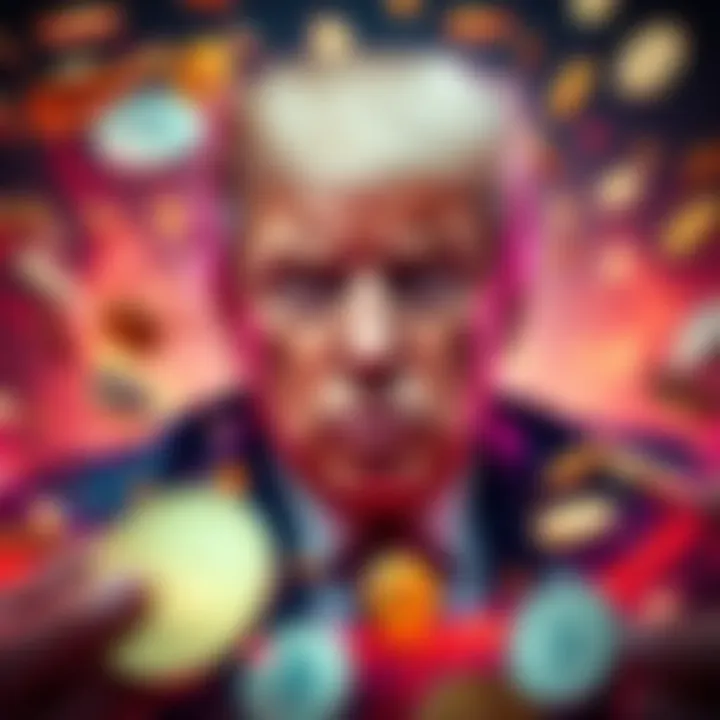 A striking depiction of Donald Trump amidst swirling coins and digital graphics symbolizing the $TRUMP meme coin phenomenon.