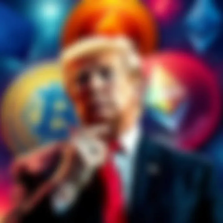 Trump with Cryptocurrency Symbols Donald Trump standing in front of cryptocurrency logos like Bitcoin and Ethereum, looking thoughtful as he considers their impact on his allies.