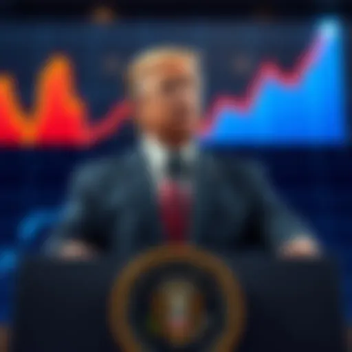 President Trump speaking at a podium about inflation and interest rates with graphs showing a downward trend in the background.