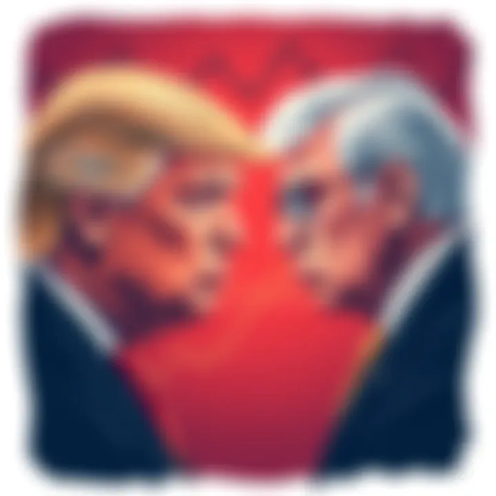 An illustration depicting Trump facing off against Jerome Powell with financial graphs in the background, symbolizing conflict over fiscal policy.