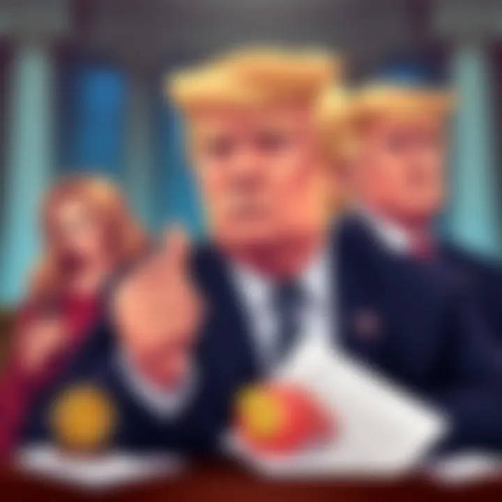 Illustration of the Trump family with legal documents and cryptocurrency symbols, representing a lawsuit over extortion claims tied to a crypto firm.