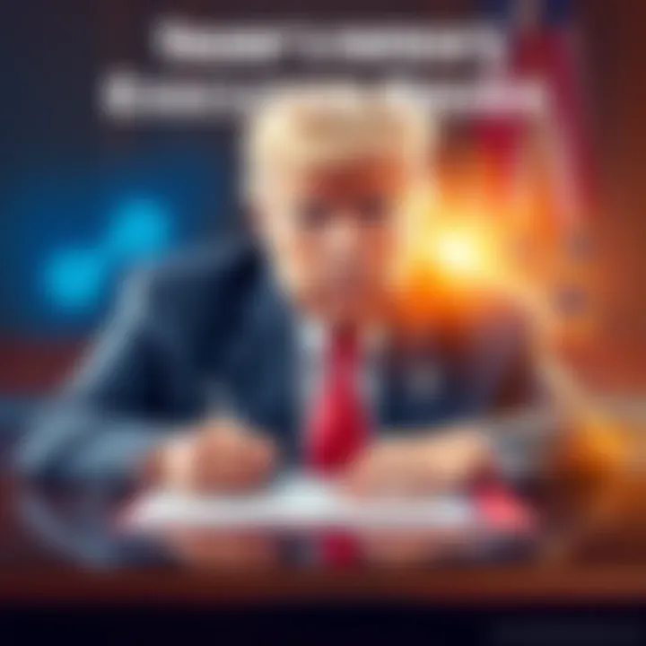 President Trump signing an executive order focusing on fintech and cryptocurrency, with Coinbase and Ripple logos in the background
