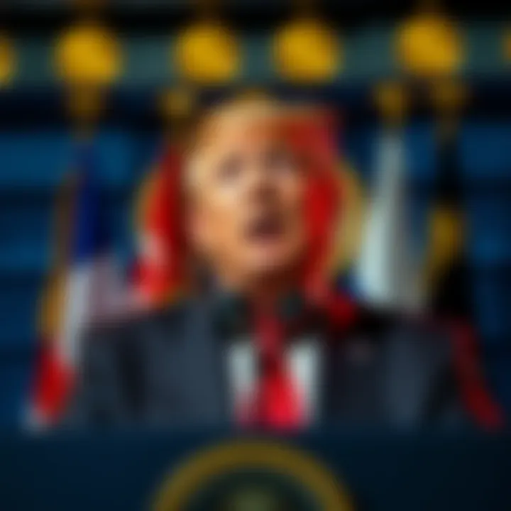 Donald Trump speaking at a podium with cryptocurrency symbols and foreign flags behind him, highlighting concerns of corruption in a foreign deal