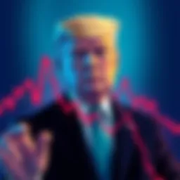 Illustration of President Trump with financial graphs showing a decline, emphasizing the ban on interest for stablecoins.