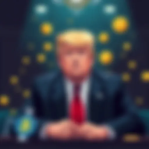 Illustration of President Trump in a courtroom with cryptocurrency symbols around him, representing legal issues over foreign profits.
