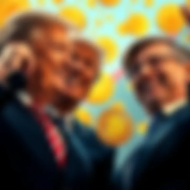 Trump's sons smiling with Bitcoin symbols in the background, reflecting their stock surge after a major investment.