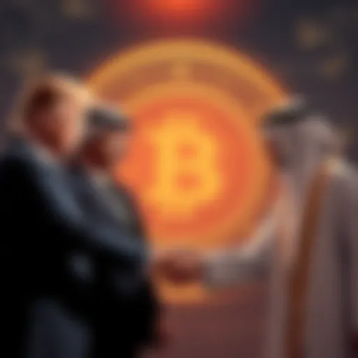 Image showing Trump family members shaking hands with Sheikh Tahnoon bin Zayed Al Nahyan in front of a cryptocurrency logo