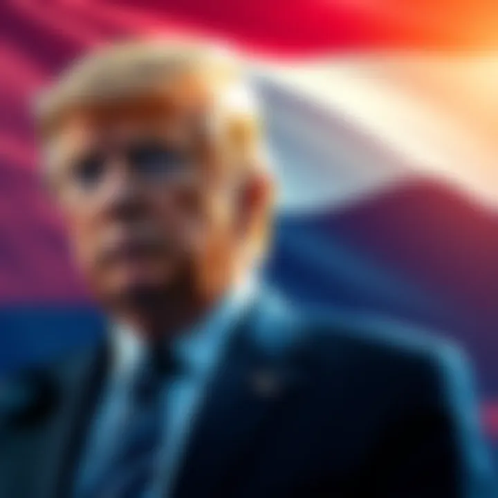 Former President Trump with the UAE flag in the background, symbolizing alleged secret negotiations over AI chip deals.