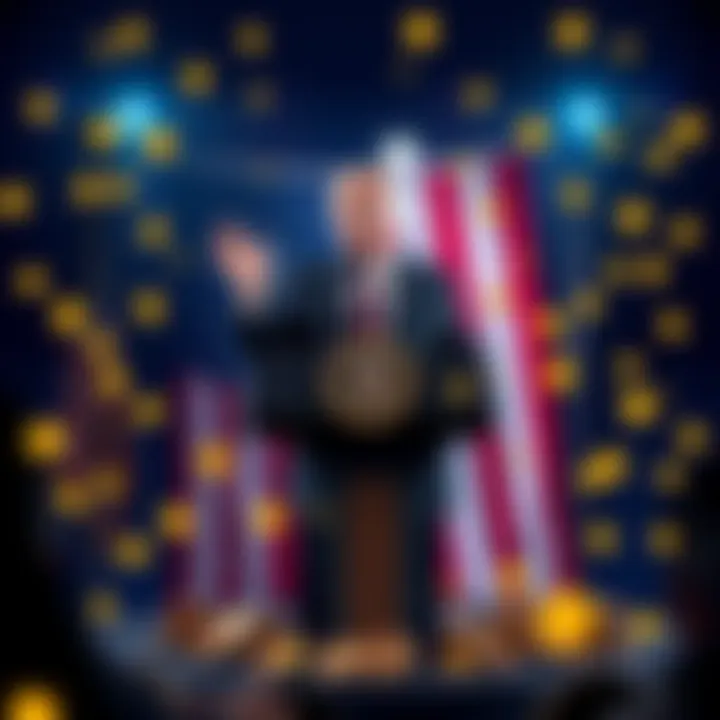 President Trump standing at a podium with the American flag, announcing the US as the Crypto Capital of the World, surrounded by digital currency symbols.